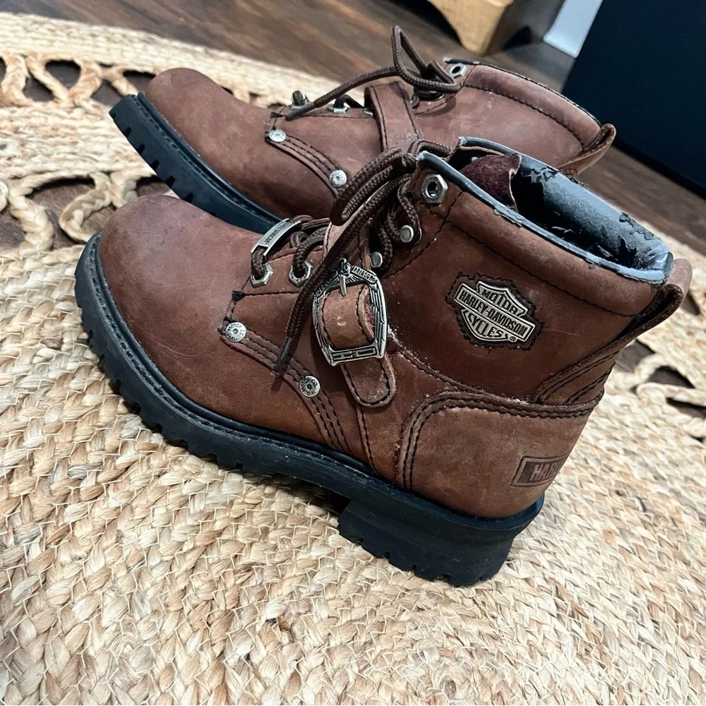 Harley Davidson 81025 Boots Lace Up Brown Leather Motorcycle Buckle Size 6